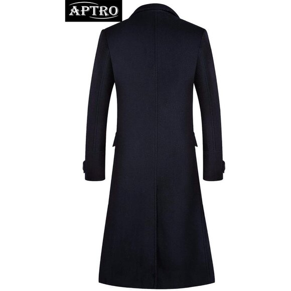 Men's Navy Luxury Full Length Trench Coat Long Wool Overcoat Winter Windbreaker - Picture 2 of 5